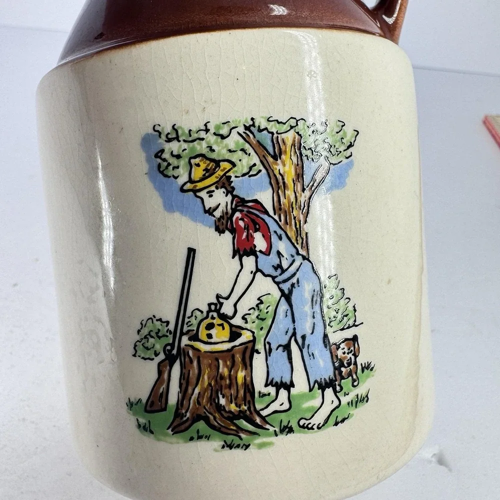 Vintage Mini Stoneware Maple Syrup Jug Cork Stopper Brown Cream‎ USA Pottery